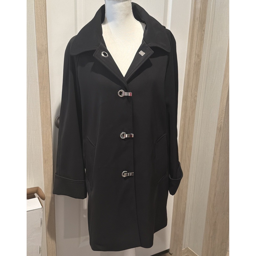Michael Kors Womens M Black Rain Trench Coat  Removable Hood Silver‎ Toggles